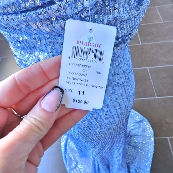 Windsor ✦ Blue Sequin Mermaid Maxi Dress ✦ Sweetheart Cutouts w/ Bungee Straps - Picture 10 of 16